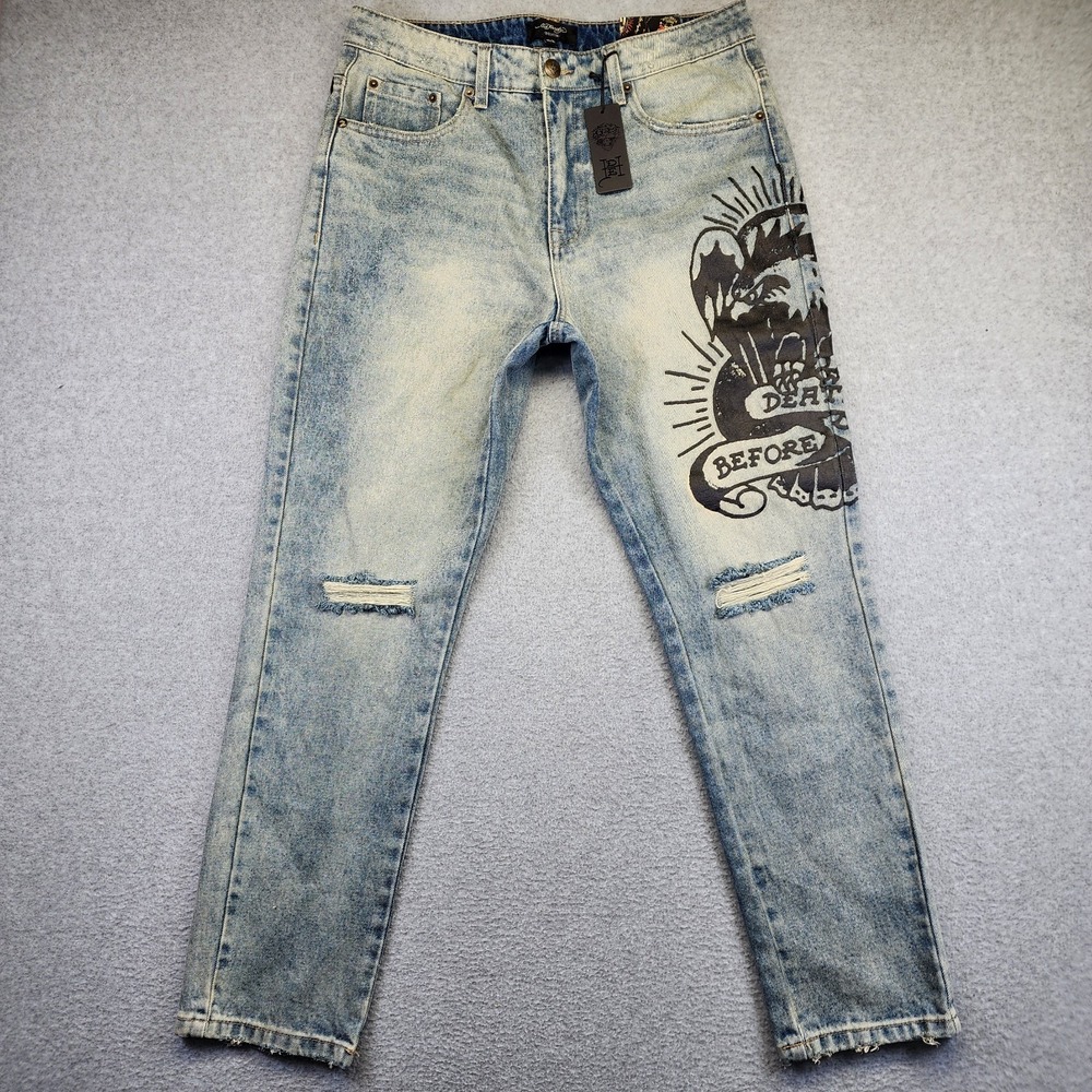 Ed Hardy 'Death Before Dishonor' Mens 32x30 Slim Fit Jeans Blue Distressed Denim